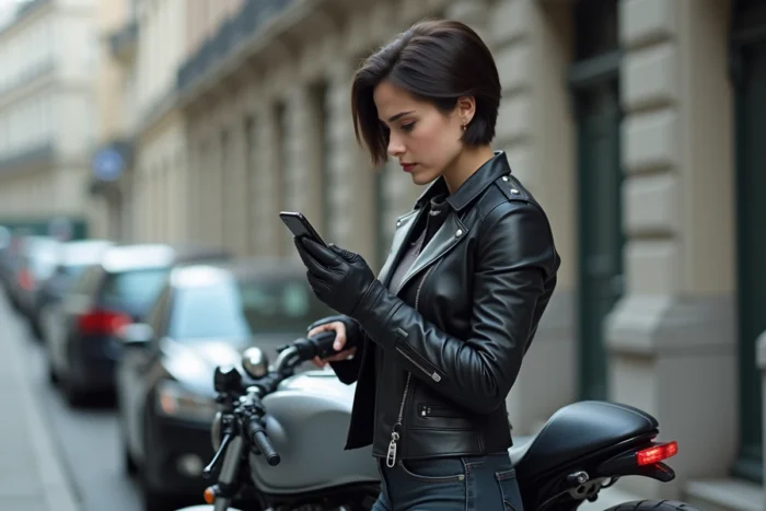 Motarde consultant une application d'assurance moto sur son smartphone en milieu urbain