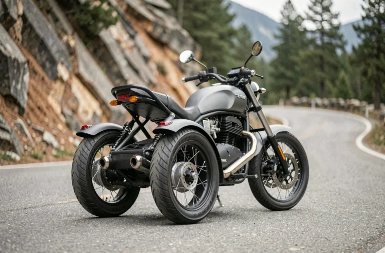 Moto à deux roues arrière garée sur une route de montagne avec vue sur le double train arrière