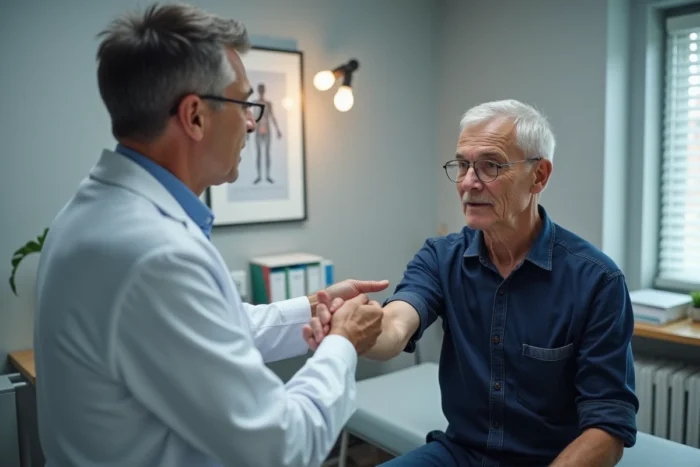 Neurologue effectuant un test d'équilibre sur un patient âgé dans un cabinet médical, examen des troubles neurologiques
