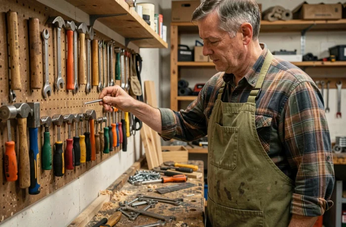 Un homme organisant ses outils de bricolage sur un établi dans un atelier maison bien équipé