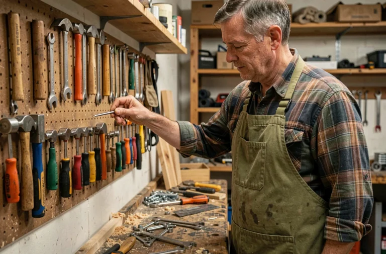 Un homme organisant ses outils de bricolage sur un établi dans un atelier maison bien équipé