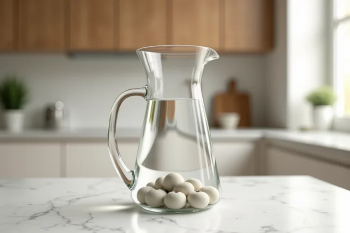 Pichet d'eau avec perles de céramique posé sur un plan de travail en marbre blanc dans une cuisine moderne