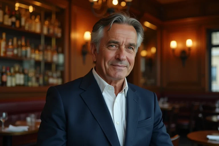 Portrait élégant d'un homme français dans la soixantaine, grand et distingué, dans une brasserie parisienne au décor vintage