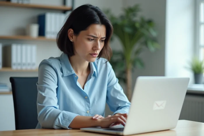 Femme cherchant à résoudre un problème de connexion à sa messagerie professionnelle sur un ordinateur portable dans un bureau de recherche