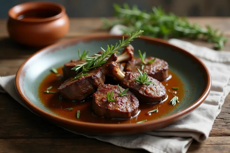 Recette de couilles de mouton mijotées servies sur une assiette en céramique rustique avec des herbes fraîches et une sauce maison