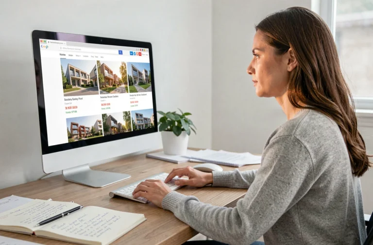 Femme cherchant un bien immobilier en ligne sur un ordinateur dans un bureau à domicile moderne
