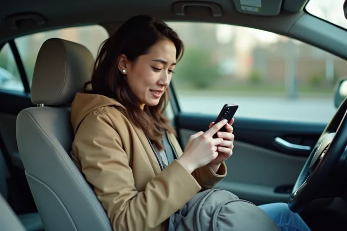 Femme déçue consultant son téléphone dans une voiture après un refus sur BlaBlaCar