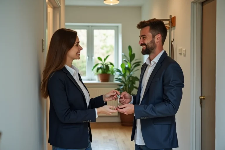 Agent immobilière remettant les clés d'un appartement à un couple de locataires souriants lors d'une location sereine
