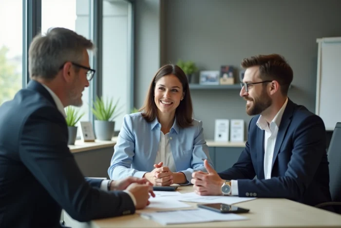 Couple en rendez-vous avec un conseiller pour changer leur assurance moto en agence