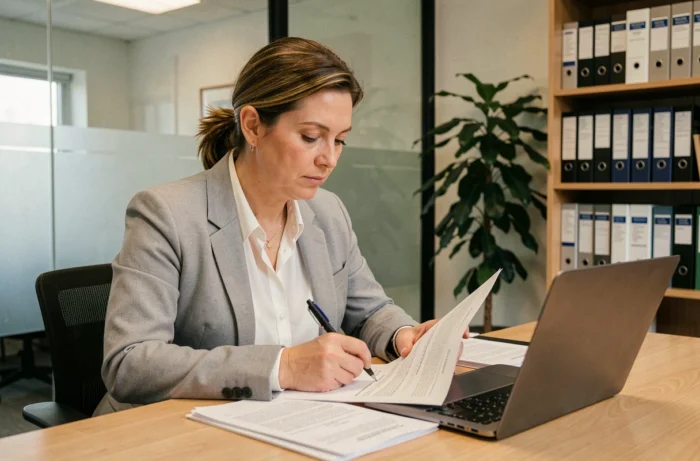 Responsable administrative dans un bureau de santé consultant des documents relatifs à la convention collective Fehap et à la prime de technicité