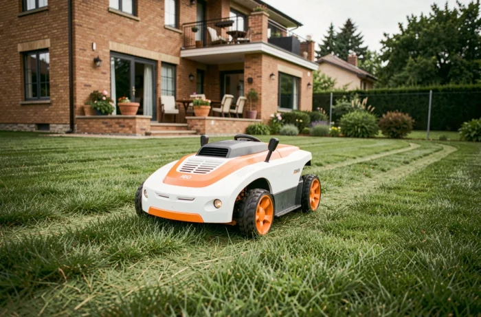 Robot tondeuse autonome Gardena en fonctionnement sur une pelouse résidentielle avec traces de tonte