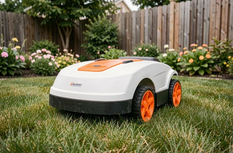Robot tondeuse Gardena R50Li posé sur une pelouse verte soignée dans un jardin suburban