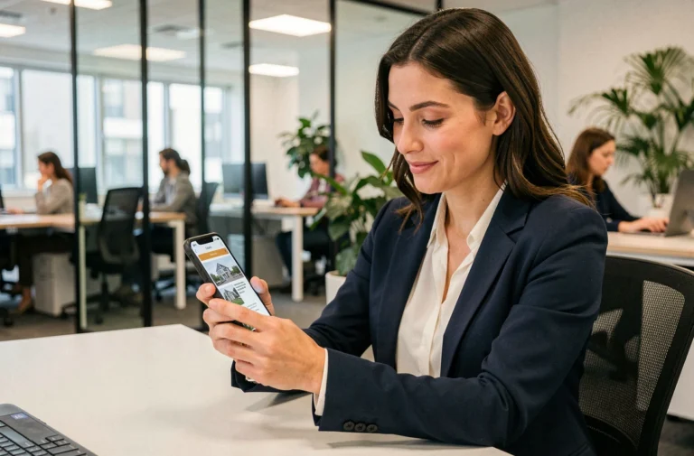 Salariée utilisant l'application Al'in sur smartphone pour chercher un logement au bureau