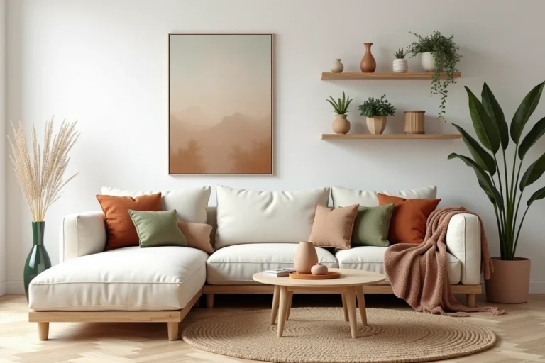 Salon moderne décoré dans un style scandinave éclectique avec canapé en lin crème, coussins terracotta et vert sauge, tapis en jute et tableau abstrait au mur