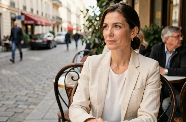 Samantha de Bendern en terrasse de café parisien, regard pensif et élégant, évoquant sa vie amoureuse avec discrétion