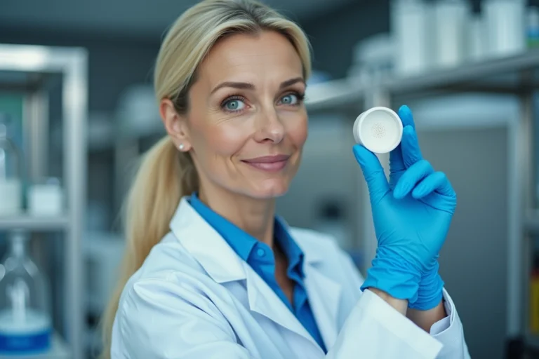 Scientifique en blouse blanche examinant une perle de céramique dans un laboratoire d'analyse de l'eau