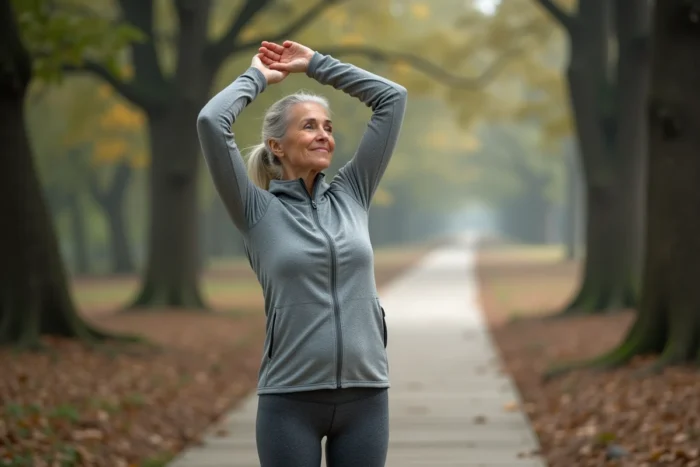 Femme senior active qui s'étire dans un parc au petit matin, illustrant le bien-être et la forme physique après 60 ans