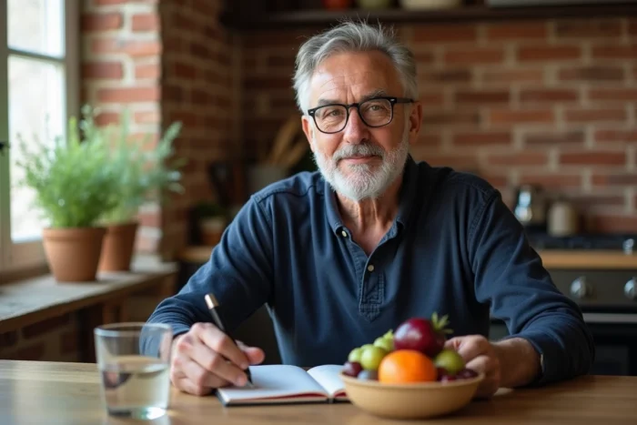 Homme senior en bonne santé prenant un repas équilibré chez lui, illustration des habitudes alimentaires saines pour les plus de 60 ans