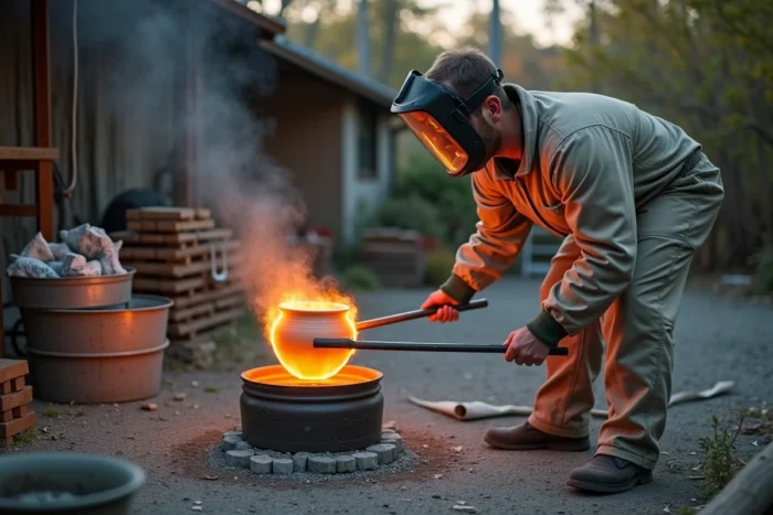 Potier en équipement de protection extrayant une pièce Raku incandescente du four au chalumeau