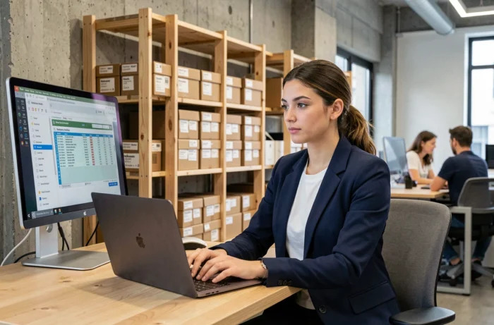 Jeune femme dirigeante de start-up travaillant sur du matériel informatique loué dans un bureau moderne en open space