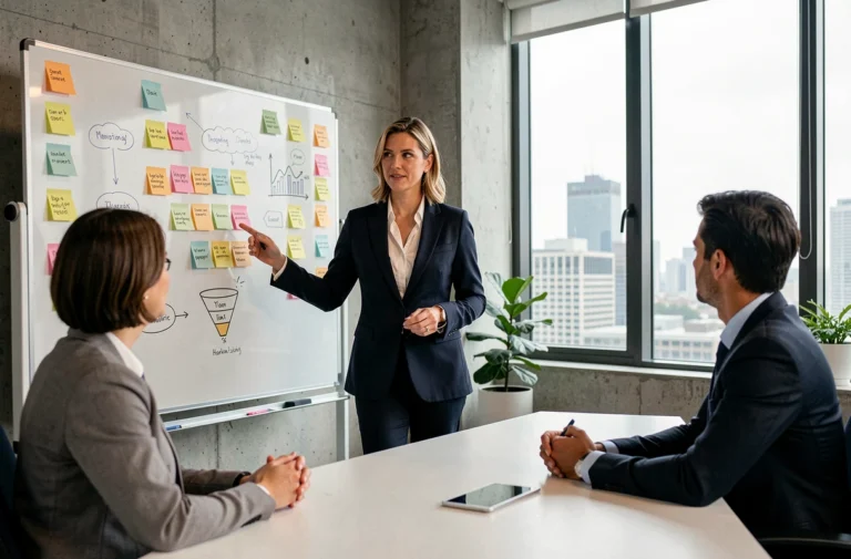 Femme d'affaires présentant une stratégie marketing innovante à son équipe dans un bureau moderne avec tableau blanc et notes colorées