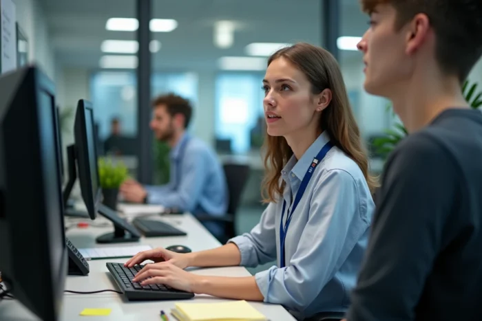 Agente du support informatique universitaire aidant un étudiant à résoudre un problème d'accès ENT