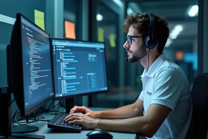 Technicien informatique du support INRAE résolvant un problème de connexion à la messagerie depuis son poste de travail helpdesk