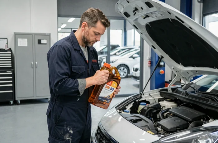 Technicien automobile inspectant une bouteille d'huile moteur 5W-30 devant une Peugeot 2008 essence dans un garage moderne