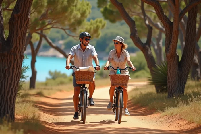 Couple à vélo sur un sentier forestier de l'île de Porquerolles avec vue sur la mer entre les pins